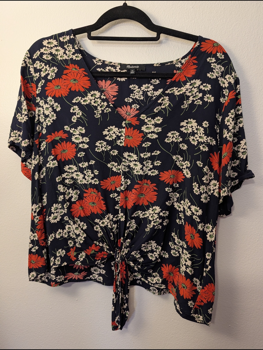 Madewell Navy Floral Tie-Front Crop Top with Red & White Blossoms